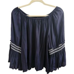 Ann Taylor Off Shoulder Bell Sleeve Embroidered Top in Navy
